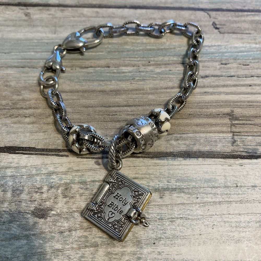 Grandma Charm Bracelet Silver Tone Bible Heart‎ Clasp Links Chain 7"